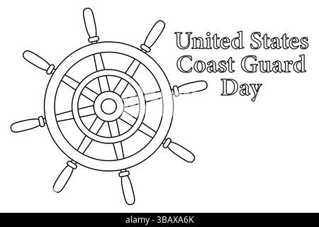 Carte de voeux coloriage avec dessin de contour d'été d'une barre de bateau en bois. Journée des garde-côtes des États-Unis. Pour divertir, été, nautique, Illustration de Vecteur