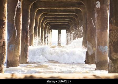 Les vagues se brisent sous la jetée de Manhattan Beach Banque D'Images