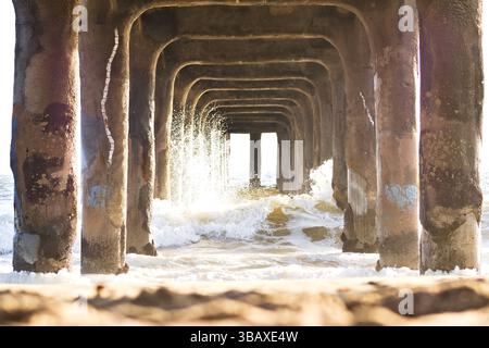 Les vagues se brisent sous la jetée de Manhattan Beach Banque D'Images