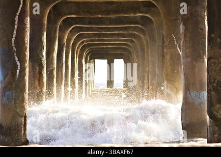Les vagues se brisent sous la jetée de Manhattan Beach Banque D'Images