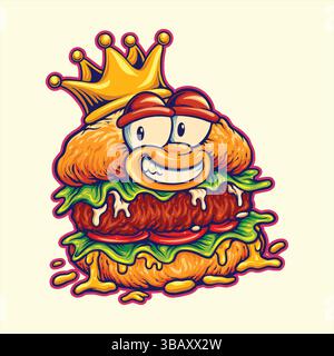 Dessin animé Burger King avec Golden Crown et illustrations vectorielles de visage souriant pour votre logo de travail, t-shirt de marchandises, autocollants et conceptions d'étiquettes, poste Illustration de Vecteur