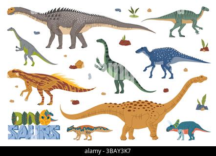 Personnages de dinosaures préhistoriques de bande dessinée avec des plantes et des roches jurassiques, animaux dinosaures vectoriels. Camptosaurus drôles, antarctosaurus géant et ampelosaurus sauropodes dinosaures et bébé dinosaures en coquille d'œuf Illustration de Vecteur