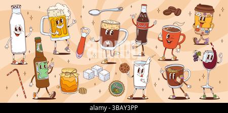 Personnages de boissons et de boissons rétro de dessin animé. Mignon Hippie psychédélique café, lait et tasses de thé personnages vectoriels. Drôles groovy bouteilles et verres de personnages de bière, de lait, de vin et de boissons gazeuses Illustration de Vecteur
