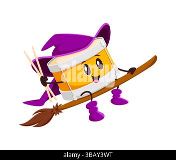 Bande dessinée Halloween Drums instrument de musique mage ou personnage de sorcier. Festival de musique percussion instrument Wizard mascotte heureuse. Sorcière à tambour ou sorcier isolé vecteur drôle personnage volant sur balai Illustration de Vecteur