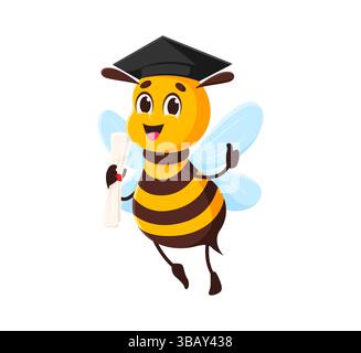 Personnage de dessin animé drôle d'abeille de miel gradué. Bee bug Happy vector personnage, mascotte d'animal drôle de bourdon. Abeille de miel volant bébé personnage mignon tenant le diplôme d'éducation et portant chapeau de graduation Illustration de Vecteur