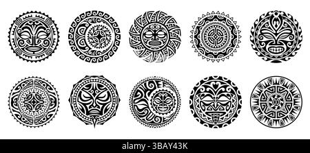 Tatouage tribal Maori. Ensemble vectoriel de bodyarts circulaires indigènes circulaires avec des motifs polynésiens traditionnels et des motifs faciaux ethniques comme des soleils ornementaux, des visages de guerrier et des formes géométriques abstraites Illustration de Vecteur