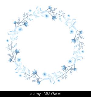 Couronne de plantes simples, fleurs dans les tons bleus avec des aquarelles Banque D'Images