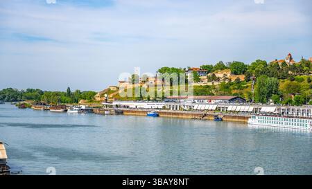 La Save traverse paisiblement Belgrade, offrant une vue panoramique sur les collines verdoyantes et l'architecture historique. Les bateaux naviguent dans l'eau tandis que les gens apprécient l'atmosphère tranquille. Banque D'Images