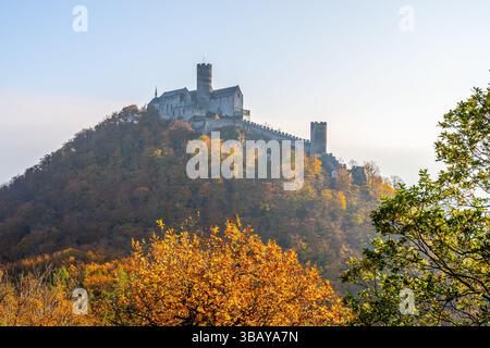 Le château médiéval de Bezdez se dresse majestueusement au sommet d'une colline, entouré d'un feuillage d'automne vibrant. Cette structure gothique emblématique montre son importance historique dans le paysage tchèque. Banque D'Images