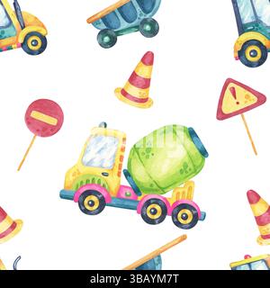 Watercolor dump trucks and cement mixers with road elements in a seamless pattern. Great for textiles, home decor, themed party supplies, and childrens stationery Banque D'Images