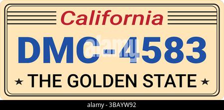 plaque d'immatriculation beige californienne avec texte bleu gras et slogan doré utilisé pour l'immatriculation du véhicule Illustration de Vecteur