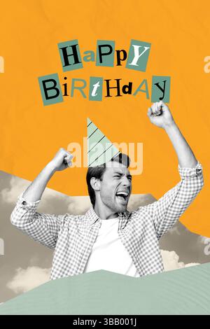 Collage de personne surprise joyeuse avec fond lumineux et lettres de célébration de fête d'anniversaire cadeaux fleurs cadeaux Banque D'Images