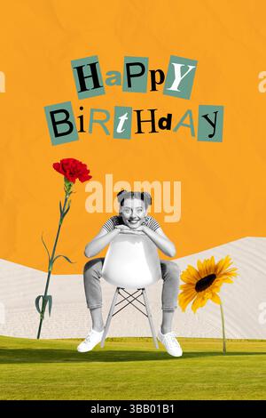 Collage de personne surprise joyeuse avec fond lumineux et lettres de célébration de fête d'anniversaire cadeaux fleurs cadeaux Banque D'Images