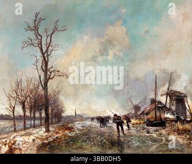 Patineurs néerlandais avec deux moulins à droite 1864 par Johan Barthold JONGKIND 1819-1891 Musée néerlandais Louvre . Banque D'Images