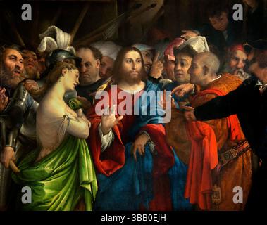 La femme adultère - L'adulte 1527 par Lorenzo LOTTO 1480-1557 Italie Musée Italien Louvre . Banque D'Images