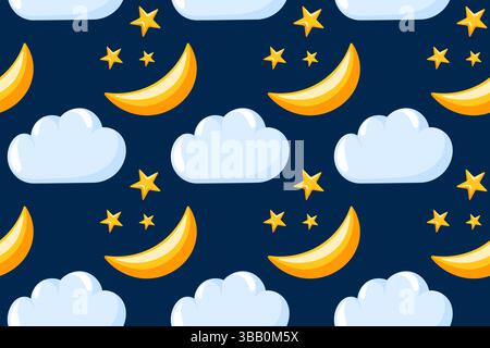 Modèle de ciel nocturne sans couture avec étoile de lune de style cartoon et nuage sur fond sombre. Parfait pour la conception de thème enfant, textile, impression, papier peint et Illustration de Vecteur