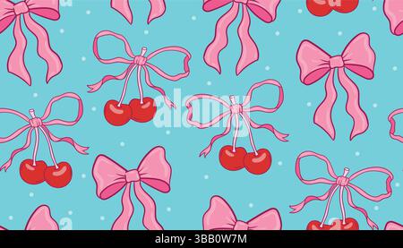 Modèle sans couture avec des arcs ludiques et des cerises dans le style coquette. Esthétique, design girly avec des tons doux et des accents doux, parfait pour la mode prin Illustration de Vecteur