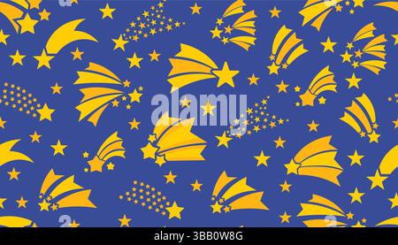 Modèle sans couture avec étoiles tombantes dans un style plat. Design cosmique ludique et rêveur avec des sentiers lumineux colorés, parfait pour les produits pour enfants, les textiles Illustration de Vecteur