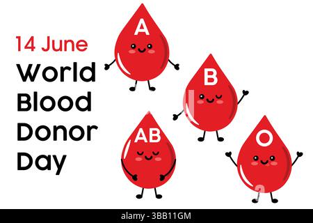 Célébration de la Journée mondiale du donneur de sang avec des gouttes de sang de dessin animé et des groupes sanguins Illustration de Vecteur