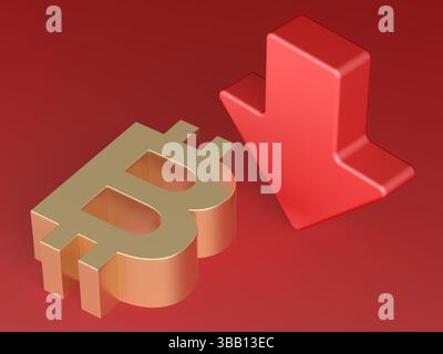 Bitcoin Crash. Flèche pointant vers le bas. Fond rouge. illustration 3d. Banque D'Images