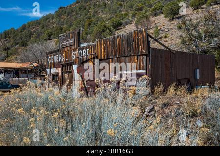 Ancien magasin général, arbustes de rabbitbush, dans la ville semi-fantôme de Mogollon, Nouveau-Mexique, États-Unis Banque D'Images