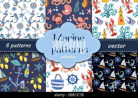 Collection de motifs marins ludiques avec ancres, poissons, mouettes et créatures marines dans des tons bleus et corail. Idéal pour les textiles enfants et les produits d'été. Illustration de Vecteur