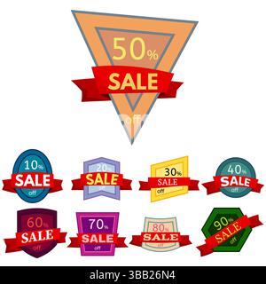 Ensemble de neuf autocollants de réduction différents. Badges colorés avec ruban rouge en solde 10 - 90 % de rabais. Illustration vectorielle. Illustration de Vecteur