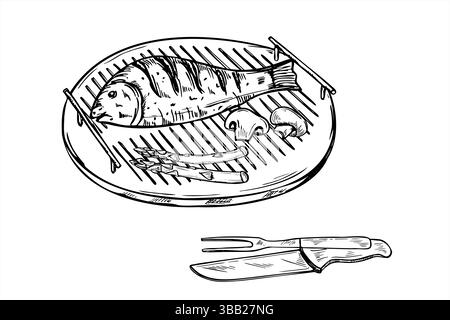 Poisson méditerranéen grillé entier sur grille ronde, outils de gril dessinés à l'encre noire. Mulet monochrome ou dorade sur grille Illustration de Vecteur