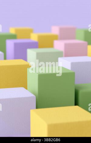 Un gros plan représente de nombreux cubes de couleur pastel disposés selon un motif irrégulier sur un fond violet clair. Les cubes sont de différentes nuances Banque D'Images