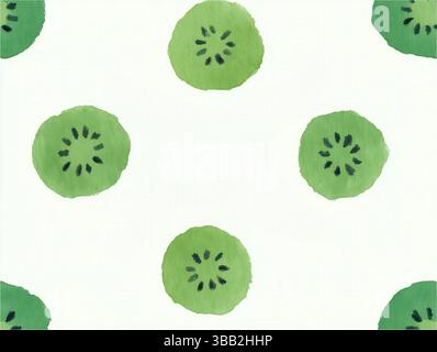 Aquarelle d'un motif répétitif avec des tranches de kiwi circulaires sur un fond blanc. Les kiwis sont des nuances de vert clair et foncé avec bl Banque D'Images