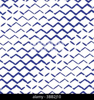 Doodle zig zag fond de modèle vectoriel sans couture. Abstrait bleu marine lignes de chevron horizontales dessinées à la main sur fond blanc. Répétition géométrique Illustration de Vecteur