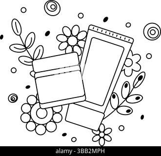 crème avec des fleurs et des feuilles composition. Illustration de ligne graphique vectorielle. Maquillage cosmétique mignon noir et blanc amélioré illustration pour paquet, vacat Illustration de Vecteur