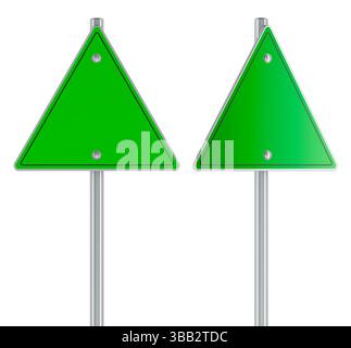 Panneau de signalisation triangulaire vert vierge avec vues de face et de côté, illustration 3D isolée sur fond blanc Banque D'Images