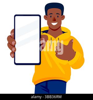 Jeune homme de peau foncée tient son pouce vers le haut et montrant l'application mobile. Illustration de personnage de dessin animé plat vectoriel isolé sur fond blanc. Motif maquette Illustration de Vecteur