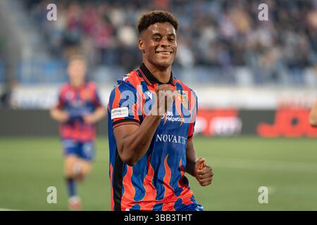 Lausanne, Suisse. 14 mai 2025. Kevin Carlos (offensif) du FC Basel #9 célèbre son but lors du groupe de championnat Credit Suisse Super League FC Lausanne Sport vs FC Basel 1893 au Tuiliere Stadium de Lausanne. Crédit : Patrick Dancel/Sipa USA crédit : Sipa USA/Alamy Live News Banque D'Images