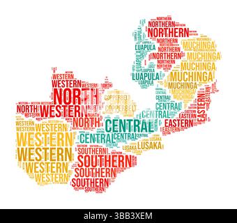 Zambie Word Cloud. Forme du pays avec division de région. Image de style typographique Zambie. Nuages de balises de noms de région. Illustration vectorielle. Illustration de Vecteur