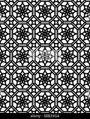 Le motif détaillé présente des formes géométriques interconnectées en noir et blanc, créant un design visuellement frappant et symétrique. Banque D'Images