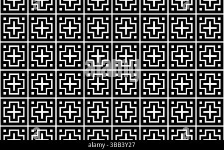 Un design géométrique complexe met en valeur un motif répétitif de carrés noirs et blancs, avec des motifs croisés dans une esthétique moderne. Banque D'Images