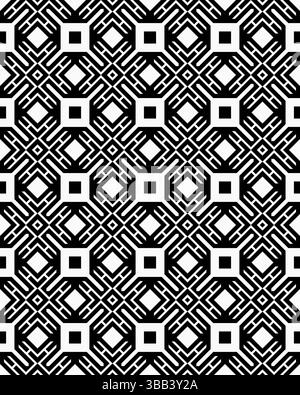 Un motif géométrique détaillé présente des carrés et des lignes imbriqués en noir et blanc, créant un effet visuel saisissant. Banque D'Images