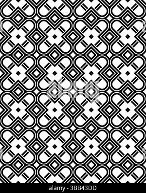 Les lignes noires détaillées créent un motif floral répétitif sur un fond blanc, mettant en valeur le design géométrique et la symétrie. Banque D'Images