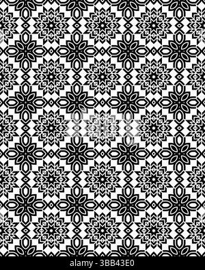 Les formes florales détaillées créent un motif noir et blanc saisissant avec des motifs symétriques tout au long de la mise en page. Banque D'Images