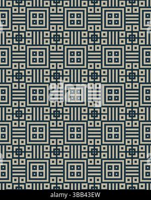 Le motif géométrique complexe présente des carrés imbriqués et des conceptions linéaires, créant une texture visuellement dynamique dans des tons discrets. Banque D'Images