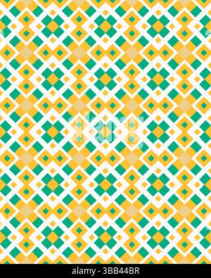 Ce design vibrant présente un motif géométrique répétitif de diamants et de carrés dans des tons verts et jaunes. Banque D'Images