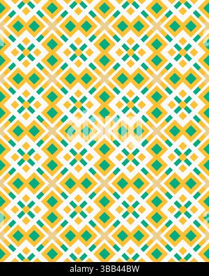 Ce design vibrant présente un motif géométrique répétitif de diamants et de carrés dans des tons verts et jaunes. Banque D'Images