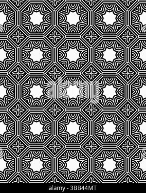 Un design géométrique complexe met en valeur des étoiles et des formes circulaires disposées selon un motif répétitif, mettant l'accent sur l'équilibre et la transition Banque D'Images