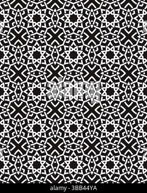Un motif géométrique détaillé présente des motifs noirs et blancs audacieux, créant un effet visuel saisissant avec des formes répétées. Banque D'Images