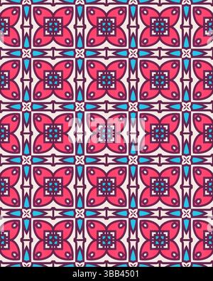 La conception géométrique lumineuse et vibrante présente des formes florales dans des tons roses et violets disposés dans un motif répétitif sur un fond clair. Banque D'Images