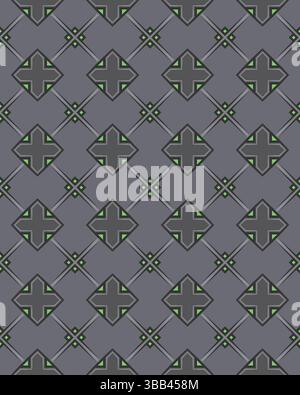 Un motif géométrique distinct présente des diamants noirs entrecoupés de lignes vertes sur un fond gris, parfait pour diverses applications artistiques. Banque D'Images
