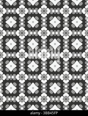 Un motif géométrique détaillé présente des formes entrelacées dans différentes nuances de gris et de blanc, créant une expérience visuelle harmonieuse. Banque D'Images