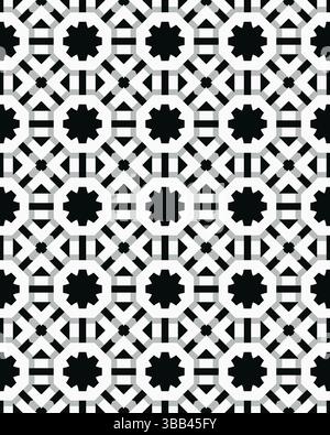 Les formes géométriques détaillées forment un motif noir et blanc visuellement frappant, souvent utilisé dans le textile artistique et le design d'intérieur. Banque D'Images